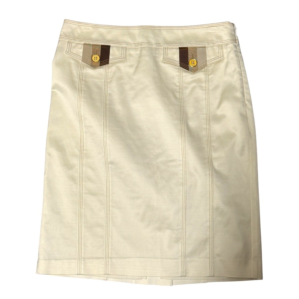 Bebe Ivory Italian Satin Pencil Skirt Size 4‎ Grosgrain Ribbon Gold Buttons